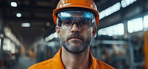 Poster - A worker wearing a hard hat and smart glasses looks seriously at the camera in a factory setting.