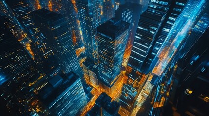 Poster - Aerial view of a modern city at night with illuminated buildings and streets.