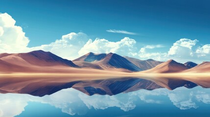Surreal landscape of mountains and clear lake, concept of tranquility and reflection, set against a bright blue sky.