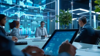 Poster - Business team working in modern office analyzing cryptocurrency market data on a digital tablet with augmented reality holographic screen showing various graphs and charts
