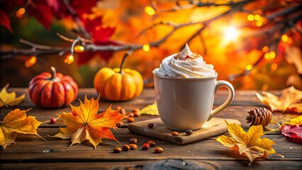 Sticker - Cozy Autumn Vibes: Pumpkin Spice Latte Surrounded by Vibrant Fall Leaves and Whipped Cream with Space for Text Overlay