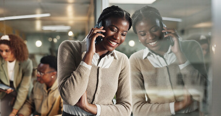 Poster - woman, phone call and happy by window, office and chat at night with reflection, contact or networki