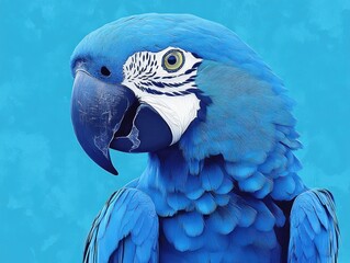 vibrant blue macaw bird portrait against a soft blue background, showcasing detailed feathers and co