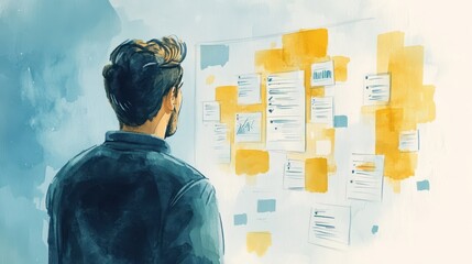 Poster - Watercolor Illustration of Project Manager Analyzing Organization Charts and Notes on a Wall in a Creative Work Environment