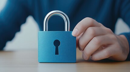 Typing securely with a padlock beside a laptop, symbolizing safety in online work and a calm business environment