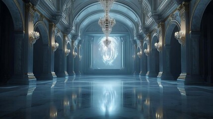 Poster - Elegant, grand hall with marble floors, arched ceilings, and ornate columns, illuminated by chandeliers and a moonlit window.