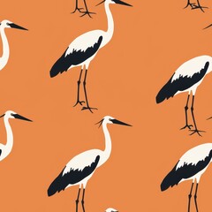 Poster - Elegant Minimalist Seamless Pattern Featuring Herons on an Orange Background, Perfect for Fabric Design and Modern Decor Projects
