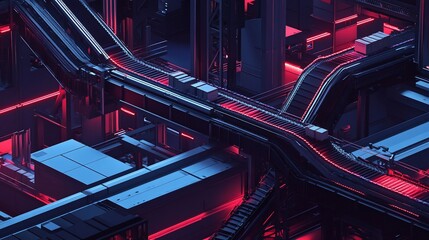 Fototapete - Futuristic abstract architecture with glowing red neon lights.