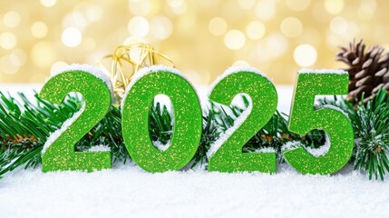 Wall Mural - Green glittering 2025 numbers with snow and pine branches on a festive background