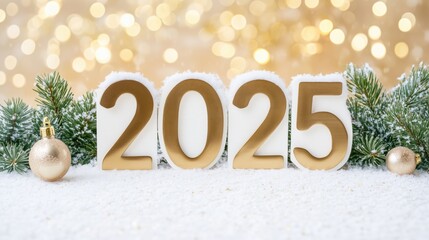 Wall Mural - Golden 2025 numbers surrounded by festive decorations on snow with bokeh background