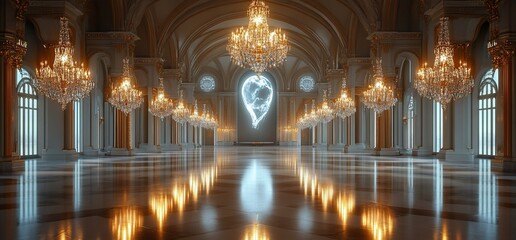 Poster - Grand ballroom interior with glowing heart-shaped light installation.