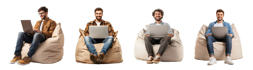 Young man working on laptop sitting comfortably on bean bag chair, isolated on transparent background.