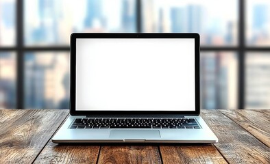 Fototapete - Modern computer,laptop with blank screen on wood table with office window view background , isolated on white background,  , copy space, copy space for text,