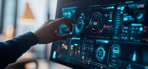 Aufkleber - Hand interacting with a computer screen displaying data graphs, charts, and other technical information.