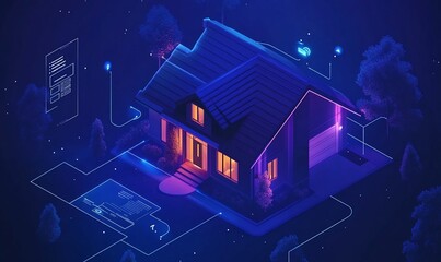 Poster - Isometric illustration of a smart house with glowing lines and icons representing connected devices.
