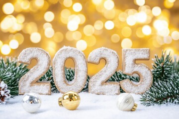 Wall Mural - Festive 2025 number in snow with holiday decorations and golden bokeh lights