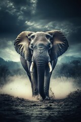 Wall Mural - An imposing African elephant strides confidently through the dusty landscape, creating a cloud of dust as twilight approaches, under a moody sky