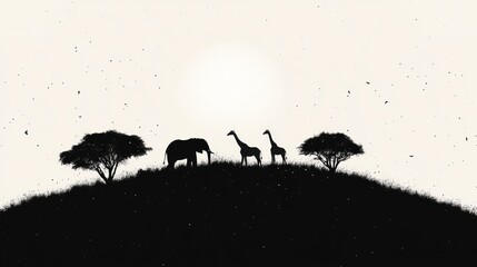 Wall Mural - A majestic elephant stands alongside two giraffes on a grassy hill, framed by trees as the sun sets, creating a stunning silhouette against the sky