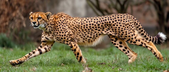 Wall Mural - A sleek cheetah moves swiftly through the lush green grass, showcasing its agility and elegance in the warm evening light of the African wilderness