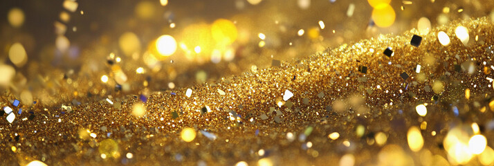 Poster - Golden glitter scattered on a textured surface in bright light