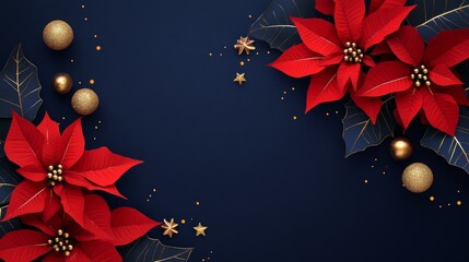 festive red poinsettia flowers adorned with golden ornaments on a sleek dark blue backdrop during th