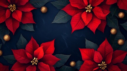 Wall Mural - Elegant red poinsettia flowers adorned with golden ornaments against a dark blue backdrop for a festive atmosphere