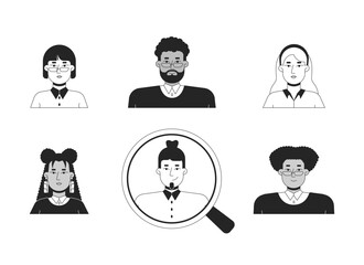 Poster - human resources searching black and white 2d illustration concept. multiethnic candidates applying f