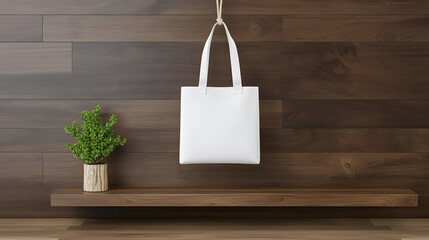 Poster - Minimalist white tote bag display on wooden shelf in modern interior