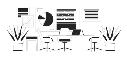 Poster - Corporate office interior with info charts linear illustration. Boardroom with furniture, houseplants and data presentation 2D line scene isolated on white. Monochrome vector outline image