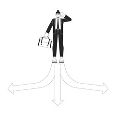 Poster - different choices black and white 2d illustration concept. young caucasian man with briefcase making