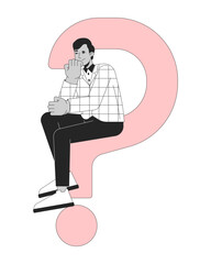Poster - looking for answers black and white 2d illustration concept. business strategy. thoughtful indian bu