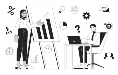 Poster - presentation at business meeting black and white 2d illustration concept. arab businesswoman explain