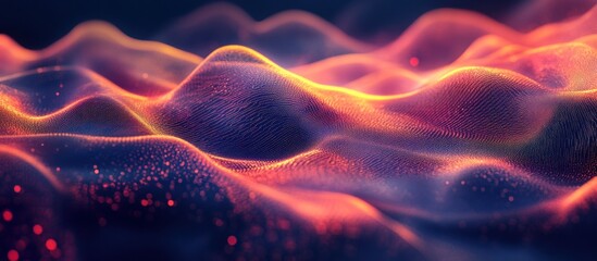 Wall Mural - Abstract digital landscape with glowing waves and particles.