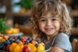 © arti om - A child sitting at a table, eating a healthy snack of fruit and vegetables, smiling happily