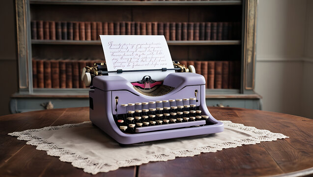 A vintage purple typewriter sits on a wooden table with a lace tablecloth. The typewriter is in focus, and the background is a bookshelf filled with books.