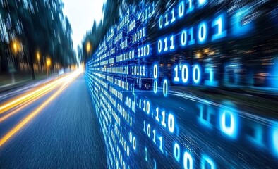 city street with binary code numbers on motion blurred asphalt road , speed and faster digital matri