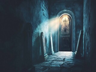 Wall Mural - Mysterious Crypt Door with Eerie Light Spilling Out Casting Ominous Shadows