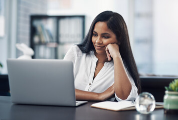Poster - Office, content writer and woman with laptop for reading article, online trending topic and satisfaction. Publication, female person and journalist with smile for business blog, news story or editing