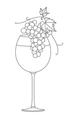 Wall Mural - Glass of wine and cluster of grapes. Bunch of grapes. Vine. Vector line drawing on white or transparent background. Grapevine. Cluster of grapes