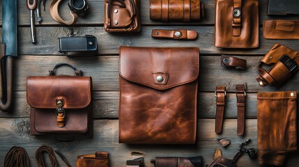 Collection of handcrafted leather accessories on wooden surface.