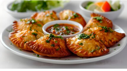 Deliciously spiced empanadas served with fresh salsa vibrant kitchen setting food photography gourmet presentation culinary delight