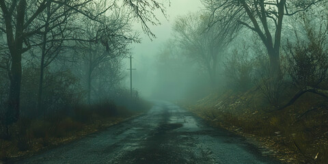 Poster - A foggy forest road with trees in the background