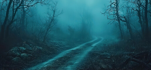 Poster - A dark forest with a road in the middle