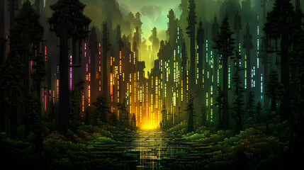 Wall Mural - Digital Forest Cityscape: Illuminated Towers Rise Within a Lush, Pixelated Woodland, Glowing Mysteriously at Dusk.