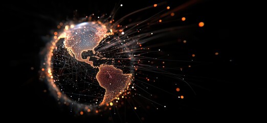 Poster - Glowing Earth with Network Connections, digital representation of globe, vibrant particles, interconnected lines, dark background