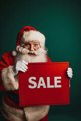 Wall Mural - Santa Claus holding „Sale” sign, on a green Christmas, copy space background. Winter sales banner perfect for stores, shopping malls and internet shop. Template with Christmas decorations.