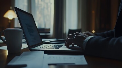 Poster - A person typing on a laptop at a desk with a coffee cup and documents.