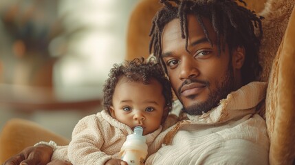 multiracial father cradles his baby close lovingly feeding him bottle warmly lit cozy bedroom. intimate moment captures essence nurturing family life.