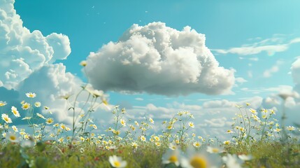 A fluffy cloud gliding above a field of daisies on a sunny day.