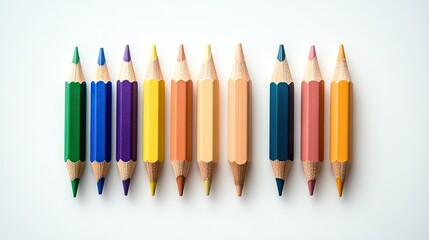 Wall Mural - Brightly colored pencils neatly arranged for inspiring creativity in art projects and educational activities on a clean, white background